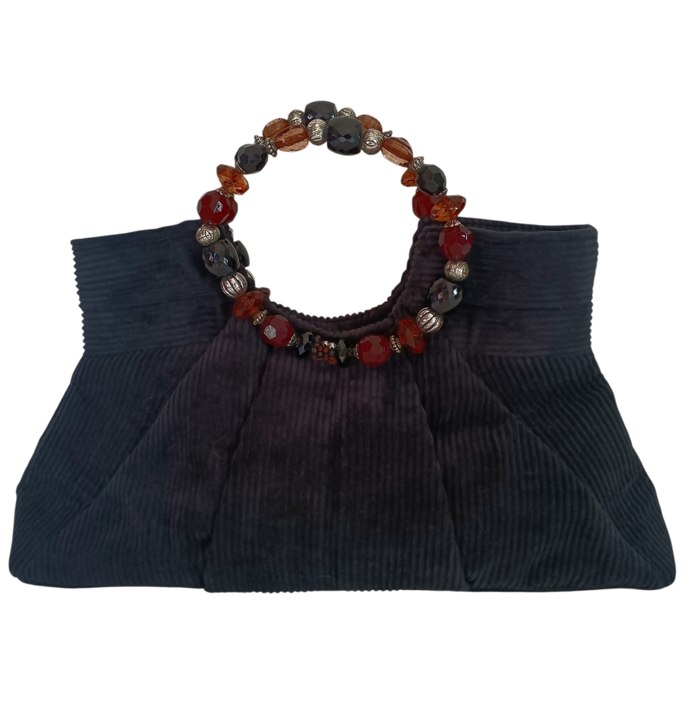 Cappelli Black Corduroy Clutch with‎ Beaded Handle 9 x 17 x 4